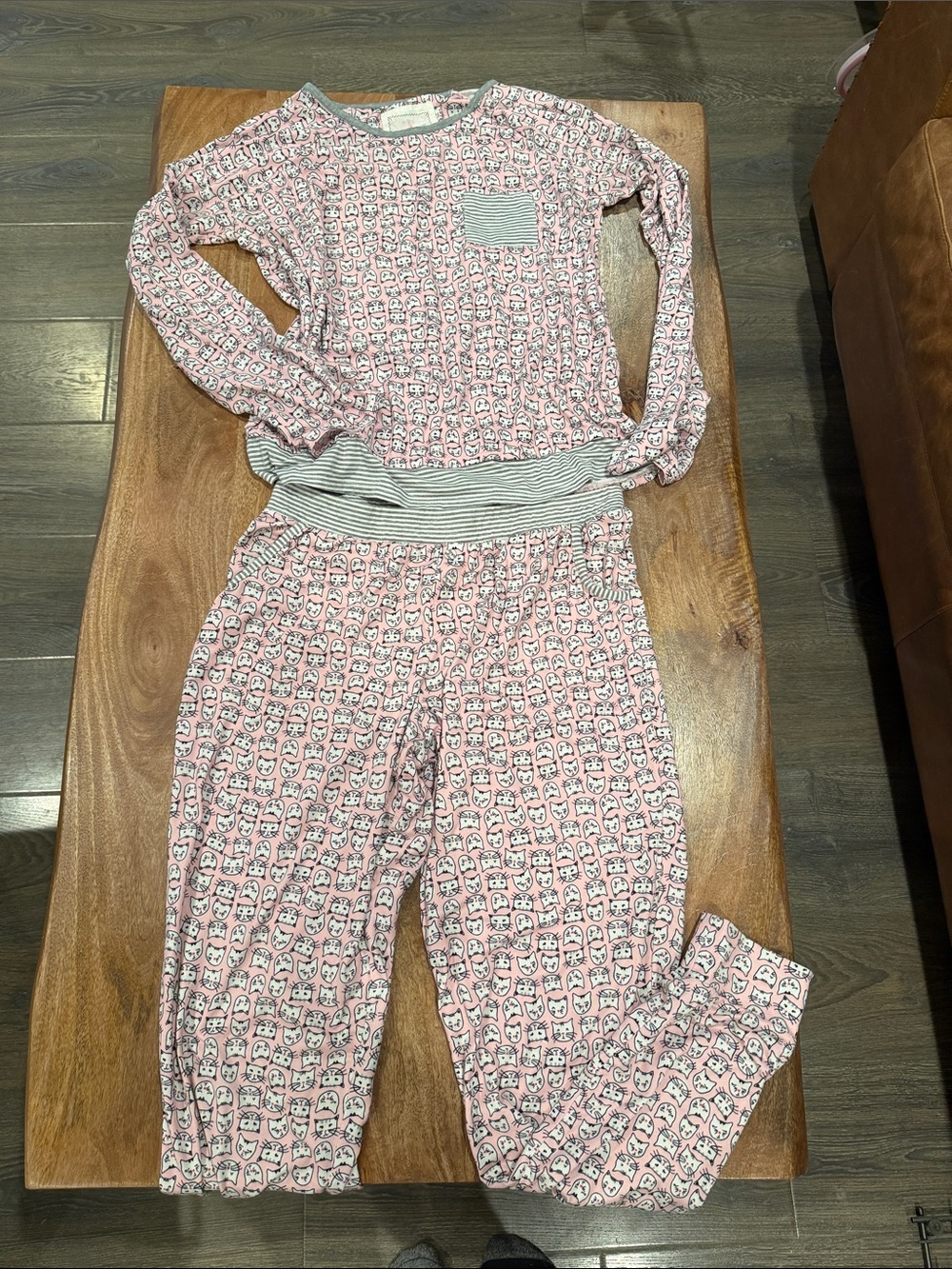 Cuddl Duds womens Pink Cat Printed Long-Sleeve Pajama Set with Stripe Trim